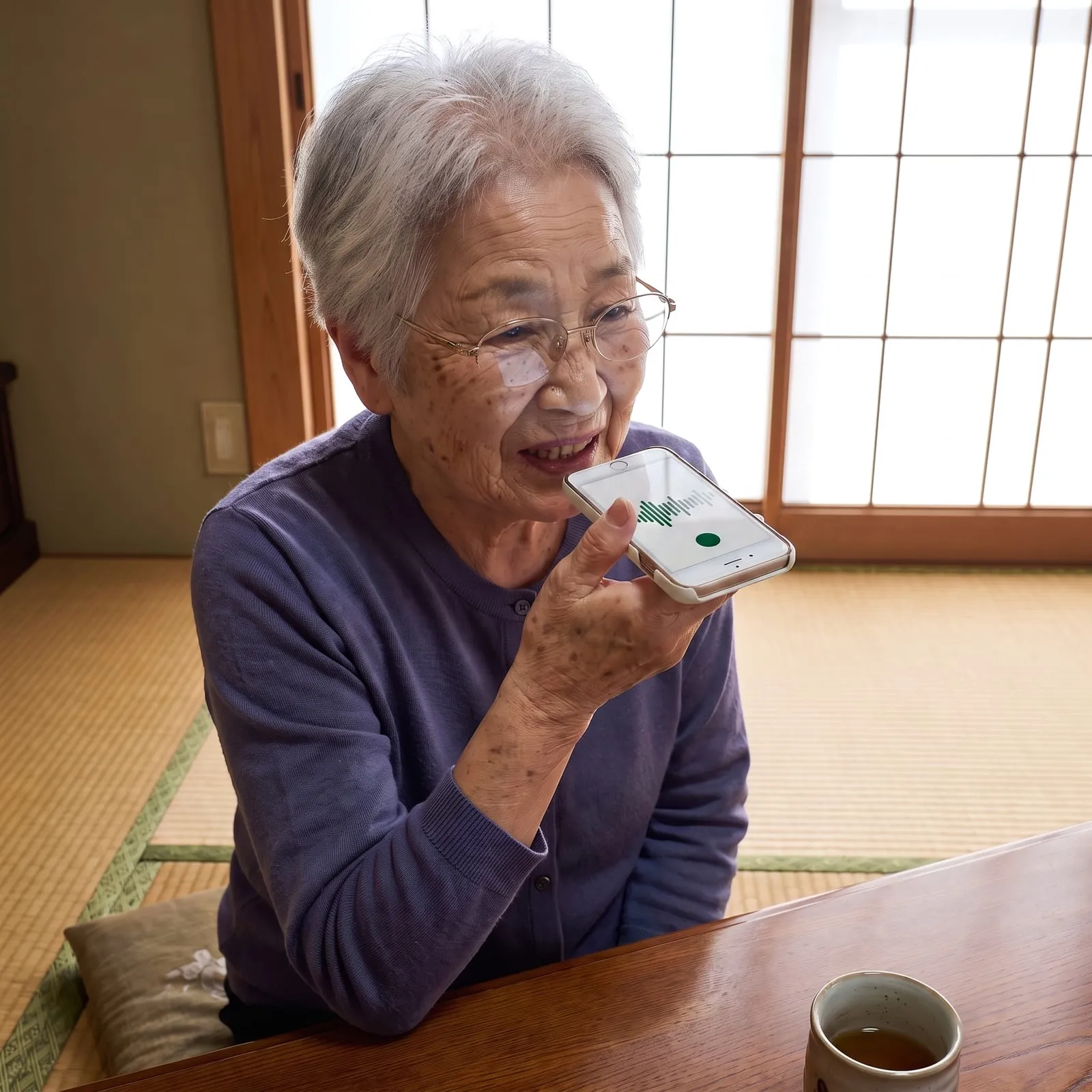スマートフォンを口元に近づけて話している女性。画面に録音中の波形が出ている